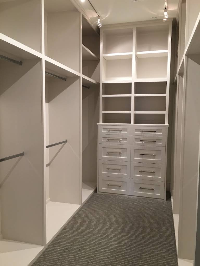 White dressing room with open storage