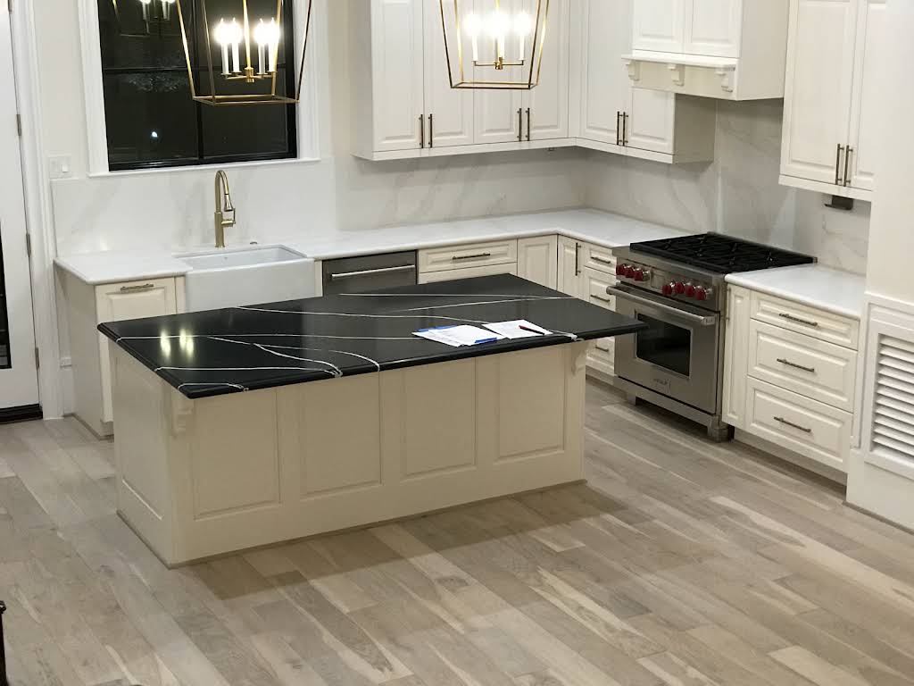 White kitchen layout and island