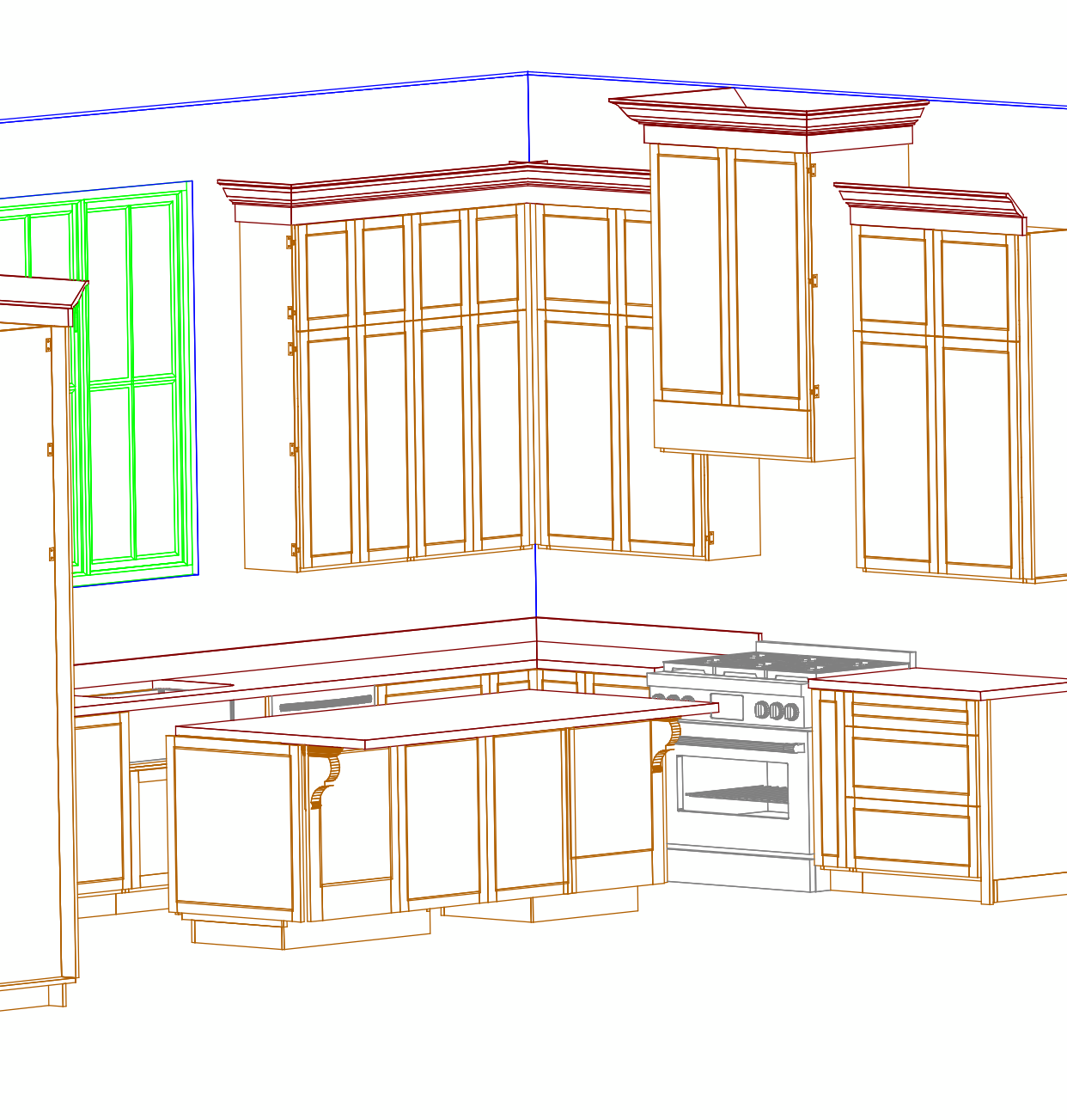 Kitchen planning drawing showing cabinetry, a window, range and island.