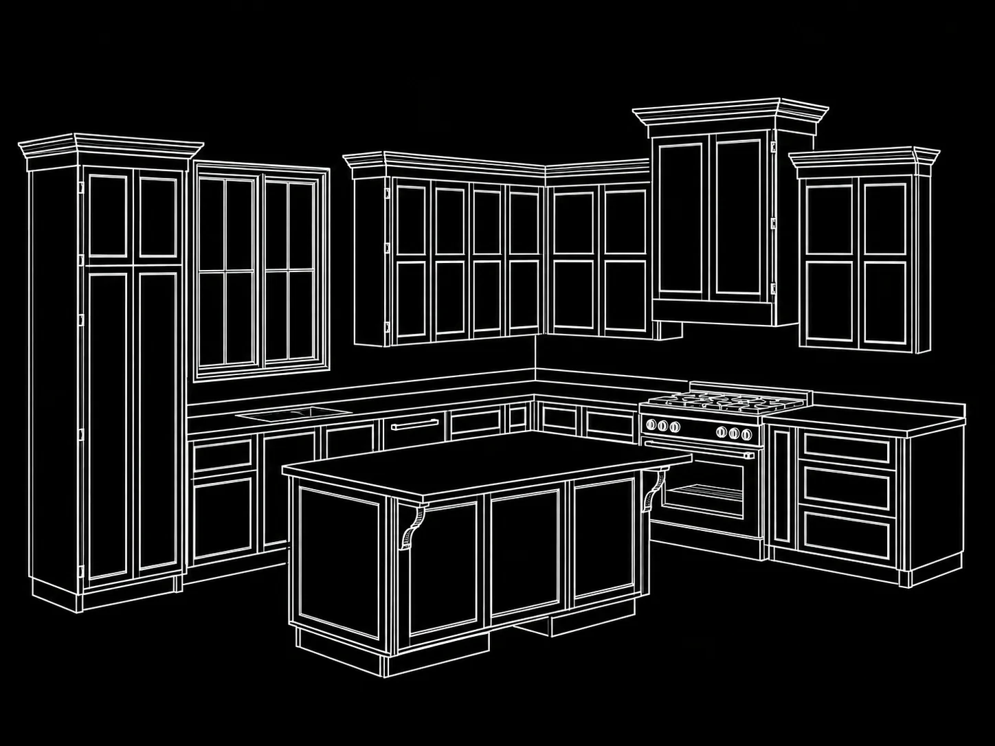 White architectural line drawing of a complete kitchen with an island