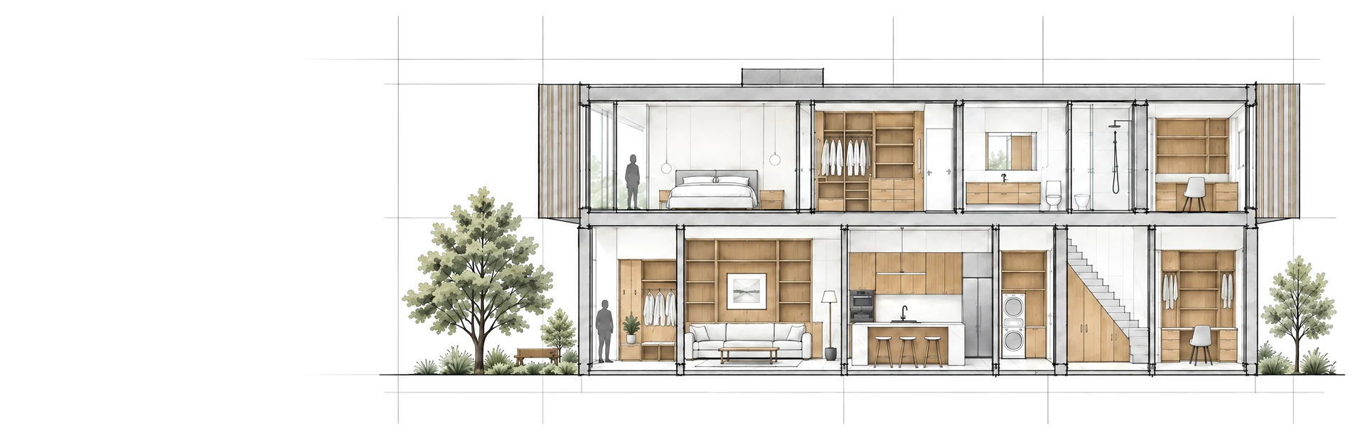 Illustration of a two-story home drawn in section, showing the custom cabinetry RM builds in each room: an entry bench, a living room library wall, kitchen, laundry, under-stair storage, office desk, walk-in closet, bathroom vanity and a kids' study.